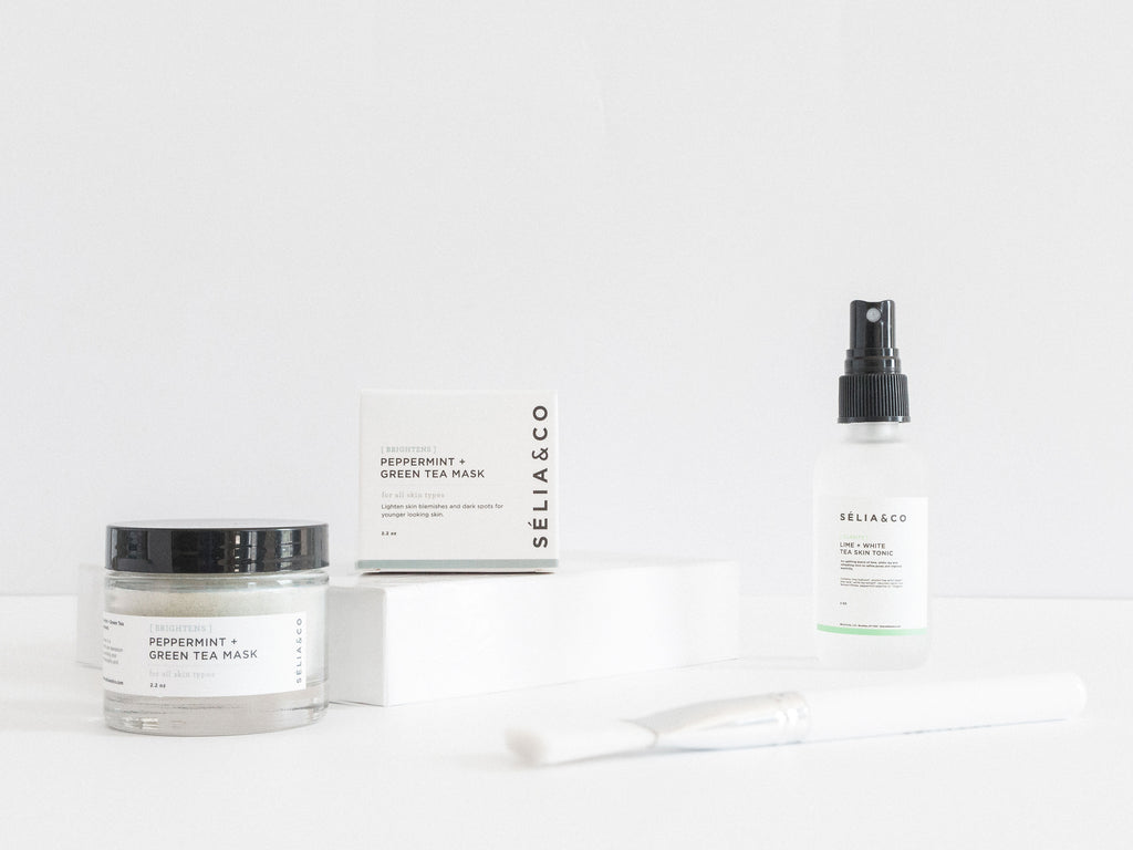 green tea skincare gift set on white background